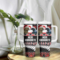 New Zealand Meri Kirihimete Tumbler With Handle Christmas Tui Bird and Kea Bird - Haka Santa with Maori Koru Art Pattern LT03 - Polynesian Pride