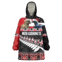 New Zealand Meri Kirihimete Wearable Blanket Hoodie Christmas Tui Bird and Kea Bird - Haka Santa with Maori Koru Art Pattern LT03 One Size Black - Polynesian Pride