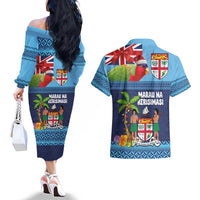 Fiji Marau na Kerisimasi Couples Matching Off The Shoulder Long Sleeve Dress and Hawaiian Shirt Christmas Collared Lory - Fiji Emblems and Xmas Palm Tree Tapa Art Pattern LT03 - Polynesian Pride