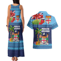 Fiji Marau na Kerisimasi Couples Matching Tank Maxi Dress and Hawaiian Shirt Christmas Collared Lory - Fiji Emblems and Xmas Palm Tree Tapa Art Pattern LT03 - Polynesian Pride