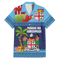 Fiji Marau na Kerisimasi Family Matching Mermaid Dress and Hawaiian Shirt Christmas Collared Lory - Fiji Emblems and Xmas Palm Tree Tapa Art Pattern LT03 Dad's Shirt - Short Sleeve Blue - Polynesian Pride
