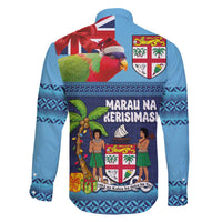 Fiji Marau na Kerisimasi Family Matching Off The Shoulder Long Sleeve Dress and Hawaiian Shirt Christmas Collared Lory - Fiji Emblems and Xmas Palm Tree Tapa Art Pattern LT03 - Polynesian Pride