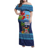 Fiji Marau na Kerisimasi Family Matching Off Shoulder Maxi Dress and Hawaiian Shirt Christmas Collared Lory - Fiji Emblems and Xmas Palm Tree Tapa Art Pattern LT03 Mom's Dress Blue - Polynesian Pride
