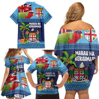 Fiji Marau na Kerisimasi Family Matching Off Shoulder Short Dress and Hawaiian Shirt Christmas Collared Lory - Fiji Emblems and Xmas Palm Tree Tapa Art Pattern LT03 - Polynesian Pride