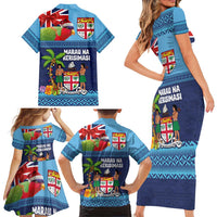 Fiji Marau na Kerisimasi Family Matching Short Sleeve Bodycon Dress and Hawaiian Shirt Christmas Collared Lory - Fiji Emblems and Xmas Palm Tree Tapa Art Pattern LT03 - Polynesian Pride