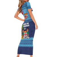 Fiji Marau na Kerisimasi Family Matching Short Sleeve Bodycon Dress and Hawaiian Shirt Christmas Collared Lory - Fiji Emblems and Xmas Palm Tree Tapa Art Pattern LT03 - Polynesian Pride