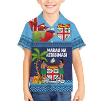 Fiji Marau na Kerisimasi Family Matching Short Sleeve Bodycon Dress and Hawaiian Shirt Christmas Collared Lory - Fiji Emblems and Xmas Palm Tree Tapa Art Pattern LT03 Son's Shirt Blue - Polynesian Pride