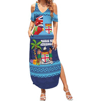Fiji Marau na Kerisimasi Family Matching Summer Maxi Dress and Hawaiian Shirt Christmas Collared Lory - Fiji Emblems and Xmas Palm Tree Tapa Art Pattern LT03 Mom's Dress Blue - Polynesian Pride