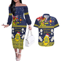 Niue Monuina e Kilisimasi Couples Matching Off The Shoulder Long Sleeve Dress and Hawaiian Shirt Christmas Uga - Niue Map and Emblem with Hiapo Art Pattern LT03 Yellow - Polynesian Pride