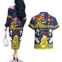 Niue Monuina e Kilisimasi Couples Matching Off The Shoulder Long Sleeve Dress and Hawaiian Shirt Christmas Uga - Niue Map and Emblem with Hiapo Art Pattern LT03 - Polynesian Pride