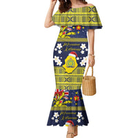 Niue Monuina e Kilisimasi Family Matching Mermaid Dress and Hawaiian Shirt Christmas Uga - Niue Map and Emblem with Hiapo Art Pattern LT03 Mom's Dress Yellow - Polynesian Pride