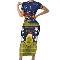 Niue Monuina e Kilisimasi Family Matching Short Sleeve Bodycon Dress and Hawaiian Shirt Christmas Uga - Niue Map and Emblem with Hiapo Art Pattern LT03 Mom's Dress Yellow - Polynesian Pride