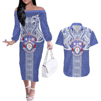 Tonga Apifoou School Couples Matching Off The Shoulder Long Sleeve Dress and Hawaiian Shirt Ngatu and Polynesian Pattern LT03 Blue - Polynesian Pride