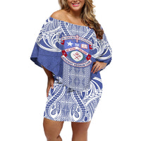 Tonga Apifoou School Off Shoulder Short Dress Ngatu and Polynesian Pattern LT03 Women Blue - Polynesian Pride