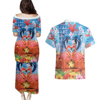 Hawaiian Love-Couple Dolphins and Flamingos Couples Matching Puletasi and Hawaiian Shirt - Polynesian Pride