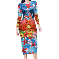 Hawaiian Love-Couple Dolphins and Flamingos Family Matching Long Sleeve Bodycon Dress and Hawaiian Shirt LT03 Mom's Dress Multicolor - Polynesian Pride