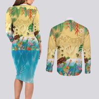 Hawaiian Alohawaii Couples Matching Long Sleeve Bodycon Dress and Long Sleeve Button Shirt Tropical Plants and Animals on The Beach LT03 - Polynesian Pride