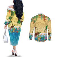 Hawaiian Alohawaii Couples Matching Off The Shoulder Long Sleeve Dress and Long Sleeve Button Shirt Tropical Plants and Animals on The Beach LT03 - Polynesian Pride