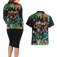 Hawaiian Alohawaii Couples Matching Long Sleeve Bodycon Dress and Hawaiian Shirt Tribal Sea Animals Tattoo and Tropical Plants LT03 - Polynesian Pride