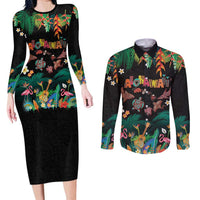 Hawaiian Alohawaii Couples Matching Long Sleeve Bodycon Dress and Long Sleeve Button Shirt Tribal Sea Animals Tattoo and Tropical Plants LT03 Black - Polynesian Pride
