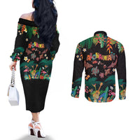Hawaiian Alohawaii Couples Matching Off The Shoulder Long Sleeve Dress and Long Sleeve Button Shirt Tribal Sea Animals Tattoo and Tropical Plants LT03 - Polynesian Pride