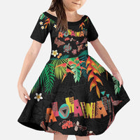 Hawaiian Alohawaii Family Matching Off Shoulder Maxi Dress and Hawaiian Shirt Tribal Sea Animals Tattoo and Tropical Plants LT03 Daughter's Dress Black - Polynesian Pride