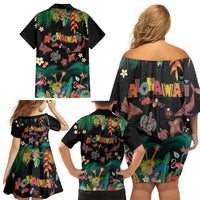 Hawaiian Alohawaii Family Matching Off Shoulder Short Dress and Hawaiian Shirt Tribal Sea Animals Tattoo and Tropical Plants LT03 - Polynesian Pride