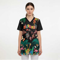 Hawaiian Alohawaii Scrub Top Tribal Sea Animals Tattoo and Tropical Plants LT03 - Polynesian Pride