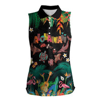 Hawaiian Alohawaii Women Sleeveless Polo Shirt Tribal Sea Animals Tattoo and Tropical Plants LT03 Female Black - Polynesian Pride