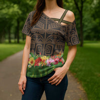 Hawaiian Hula Costume Cross Shoulder Shirt Tribal Tattoo and Tropical Plants Skirt - Polynesian Pride