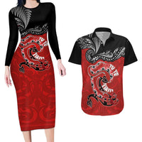 Personalised Aotearoa Toitu Te Tiriti Couples Matching Long Sleeve Bodycon Dress and Hawaiian Shirt Taniwha Tribal Motifs LT03 Multicolor - Polynesian Pride