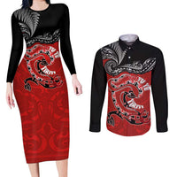 Personalised Aotearoa Toitu Te Tiriti Couples Matching Long Sleeve Bodycon Dress and Long Sleeve Button Shirt Taniwha Tribal Motifs LT03 Multicolor - Polynesian Pride
