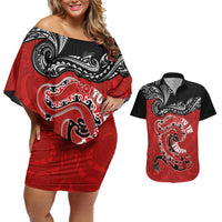 Personalised Aotearoa Toitu Te Tiriti Couples Matching Off Shoulder Short Dress and Hawaiian Shirt Taniwha Tribal Motifs LT03 Multicolor - Polynesian Pride