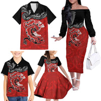 Personalised Aotearoa Toitu Te Tiriti Family Matching Off The Shoulder Long Sleeve Dress and Hawaiian Shirt Taniwha Tribal Motifs LT03 - Polynesian Pride