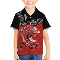 Personalised Aotearoa Toitu Te Tiriti Family Matching Off The Shoulder Long Sleeve Dress and Hawaiian Shirt Taniwha Tribal Motifs LT03 Son's Shirt Multicolor - Polynesian Pride