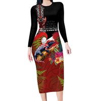 Aotearoa Toitu Te Tiriti Long Sleeve Bodycon Dress Waitangi-Honour The Treaty NZ Tuatara and Plants LT03 Long Dress Multicolor - Polynesian Pride