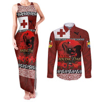 Tonga ANZAC Day Couples Matching Tank Maxi Dress and Long Sleeve Button Shirt Gallipoli Lest We Forget Ngatu Art Tribal