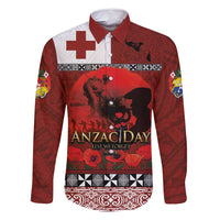 Tonga ANZAC Day Family Matching Mermaid Dress and Hawaiian Shirt Gallipoli Lest We Forget Ngatu Art Tribal LT03 Dad's Shirt - Long Sleeve Red - Polynesian Pride
