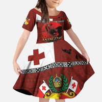 Tonga ANZAC Day Family Matching Off Shoulder Maxi Dress and Hawaiian Shirt Gallipoli Lest We Forget Ngatu Art Tribal LT03 Daughter's Dress Red - Polynesian Pride