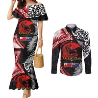 Tonga and New Zealand ANZAC Day Couples Matching Mermaid Dress and Long Sleeve Button Shirt Gallipoli Lest We Forget Ngatu Art Tribal and Maori Tattoo with Fern LT03 Black - Polynesian Pride