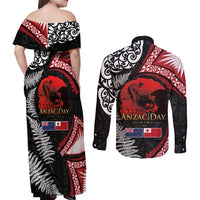 Tonga and New Zealand ANZAC Day Couples Matching Off Shoulder Maxi Dress and Long Sleeve Button Shirt Gallipoli Lest We Forget Ngatu Art Tribal and Maori Tattoo with Fern LT03 - Polynesian Pride