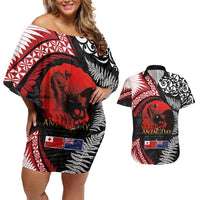 Tonga and New Zealand ANZAC Day Couples Matching Off Shoulder Short Dress and Hawaiian Shirt Gallipoli Lest We Forget Ngatu Art Tribal and Maori Tattoo with Fern LT03 Black - Polynesian Pride