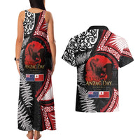 Tonga and New Zealand ANZAC Day Couples Matching Tank Maxi Dress and Hawaiian Shirt Gallipoli Lest We Forget Ngatu Art Tribal and Maori Tattoo with Fern LT03 - Polynesian Pride