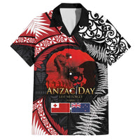 Tonga and New Zealand ANZAC Day Family Matching Off The Shoulder Long Sleeve Dress and Hawaiian Shirt Gallipoli Lest We Forget Ngatu Art Tribal and Maori Tattoo with Fern LT03 Dad's Shirt - Short Sleeve Black - Polynesian Pride