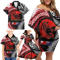 Tonga and New Zealand ANZAC Day Family Matching Off Shoulder Short Dress and Hawaiian Shirt Gallipoli Lest We Forget Ngatu Art Tribal and Maori Tattoo with Fern LT03 - Polynesian Pride