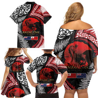 Tonga and New Zealand ANZAC Day Family Matching Off Shoulder Short Dress and Hawaiian Shirt Gallipoli Lest We Forget Ngatu Art Tribal and Maori Tattoo with Fern LT03 - Polynesian Pride
