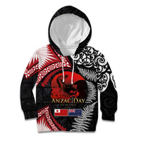 Tonga and New Zealand ANZAC Day Kid Hoodie Gallipoli Lest We Forget Ngatu Art Tribal and Maori Tattoo with Fern LT03