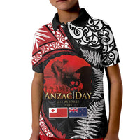 Tonga and New Zealand ANZAC Day Kid Polo Shirt Gallipoli Lest We Forget Ngatu Art Tribal and Maori Tattoo with Fern LT03 Kid Black - Polynesian Pride