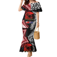 Tonga and New Zealand ANZAC Day Mermaid Dress Gallipoli Lest We Forget Ngatu Art Tribal and Maori Tattoo with Fern LT03 Women Black - Polynesian Pride