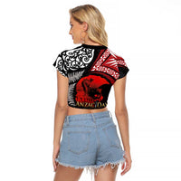 Tonga and New Zealand ANZAC Day Raglan Cropped T Shirt Gallipoli Lest We Forget Ngatu Art Tribal and Maori Tattoo with Fern LT03 - Polynesian Pride
